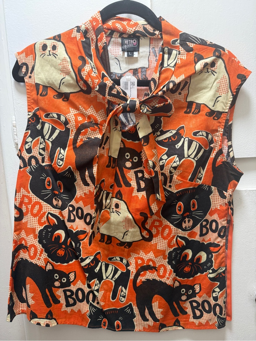 Retrolicious Orange Halloween Cats Tie-Neck Top